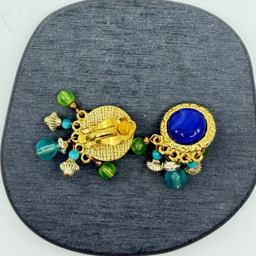 Blue Teal Green Beaded Clip On Earrings Gold Tone Cabochon Boho Statement Gift